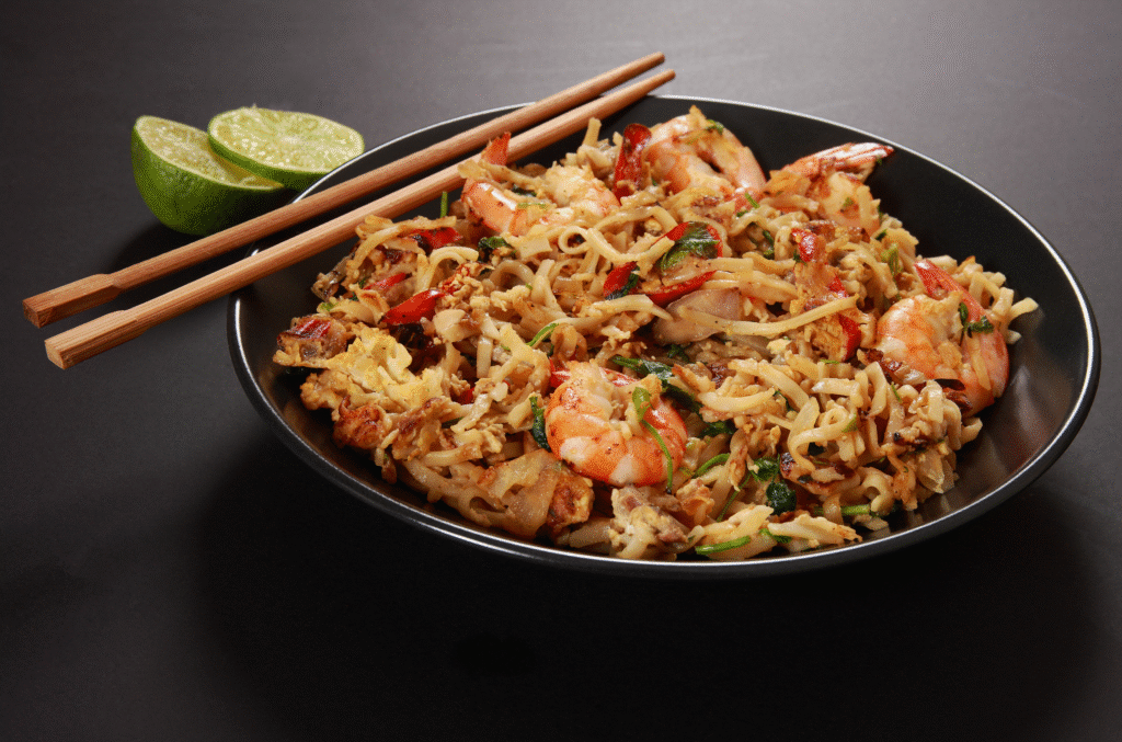 Tradycyjny pad thai z krewetkami, makaronem ryżowym, orzeszkami ziemnymi i świeżą kolendrą – klasyczne danie kuchni tajskiej