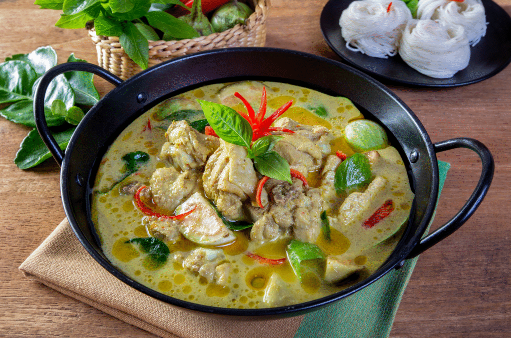 Aromatyczne zielone curry z kurczakiem, bakłażanem i świeżą bazylią w mleku kokosowym.