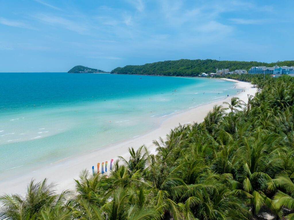 Plaża z palmami i huśtawką nad brzegiem oceanu na wyspie Phu Quoc w Wietnamie