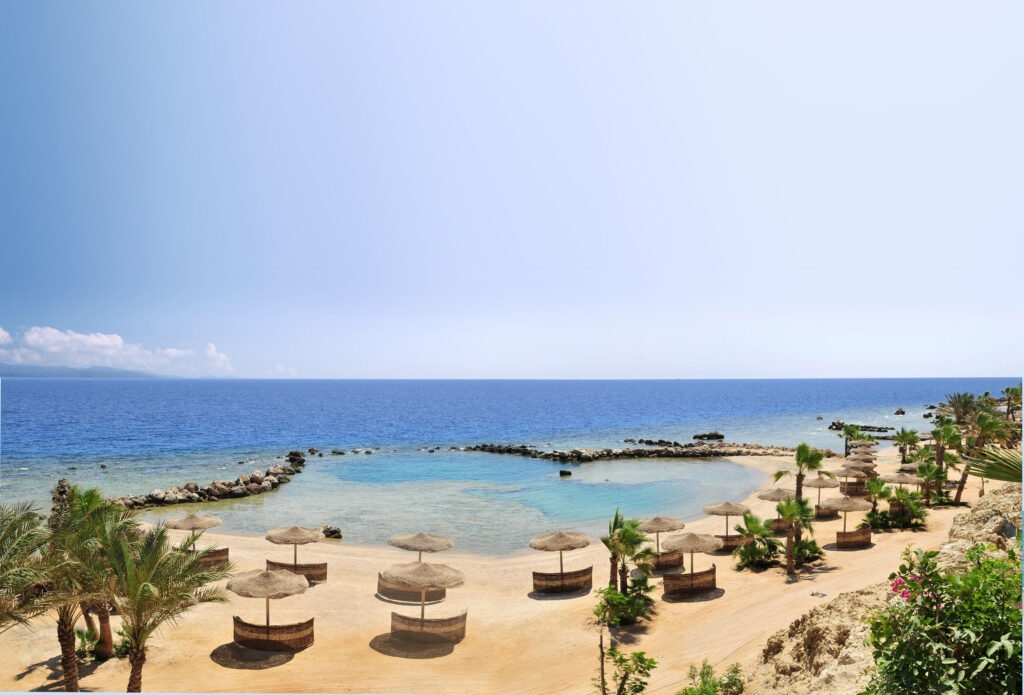Piaszczysta plaża w Marsa Alam z rzędem wiklinowych parasoli i turkusowym Morzem Czerwonym pod słonecznym, niebieskim niebem.