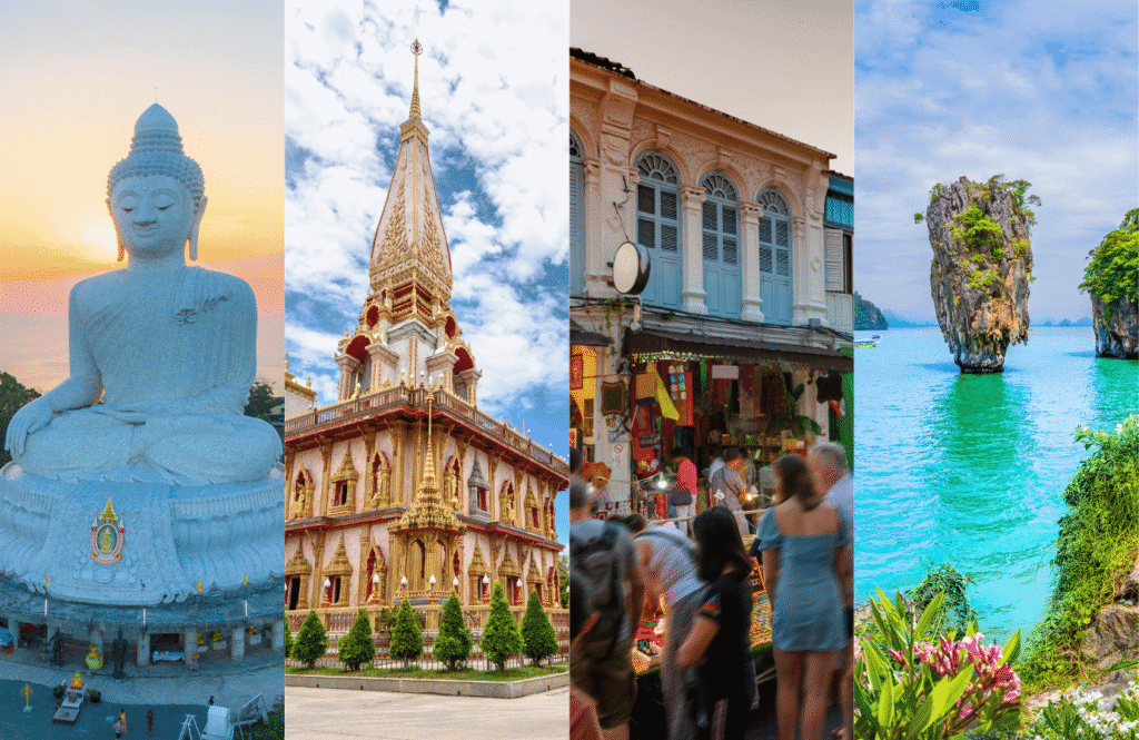 Mozaika zdjęć ukazująca atrakcje Phuket: Wielki Budda, świątynie, plaże i kultowe punkty widokowe, Tajlandia
