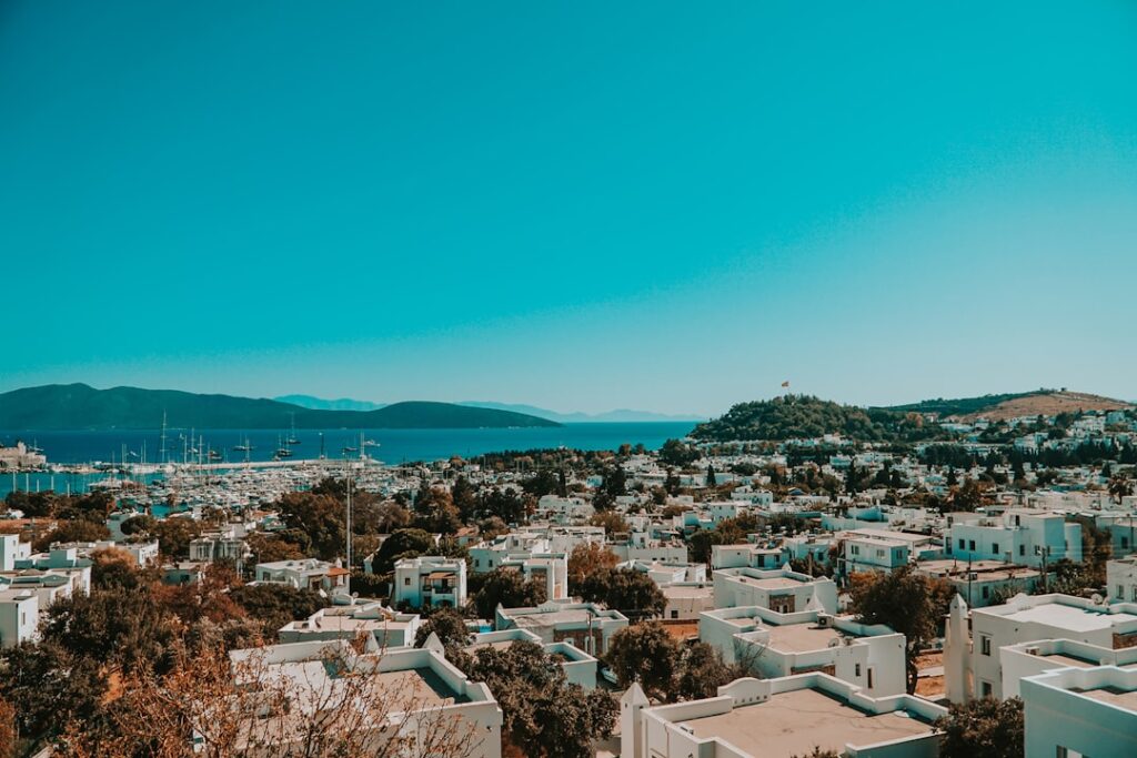 Widok na port i zabudowę Bodrum z górami w tle