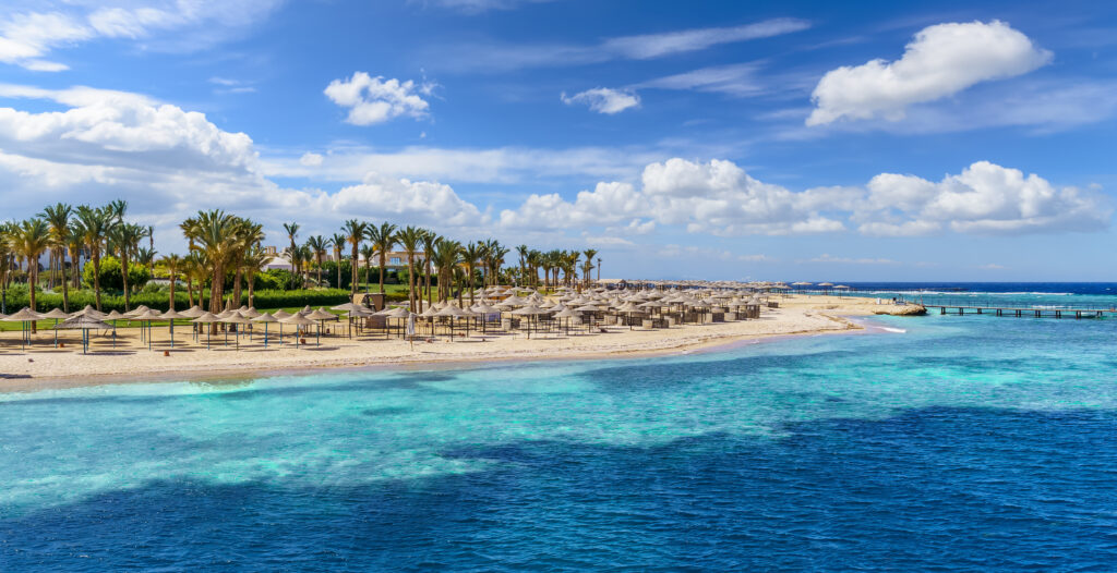 Panorama plaży w Marsa Alam nad Morzem Czerwonym z parasolami i turkusową wodą pod błękitnym niebem