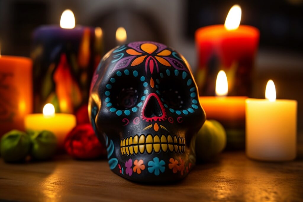 Kolorowa czaszka z kwiatami nagietków i świecami na ołtarzu Día de los Muertos w Meksyku