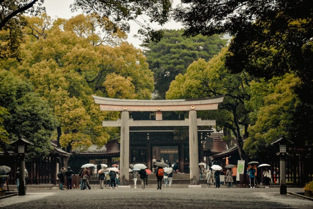 Tradycyjna brama torii prowadząca do świątyni Meiji Jingu w Tokio