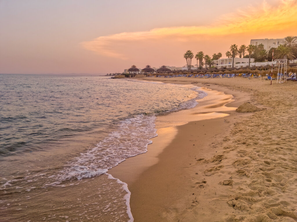 Plaża w Hammamecie w Tunezji o zachodzie słońca, z palmami, leżakami i spokojnym morzem