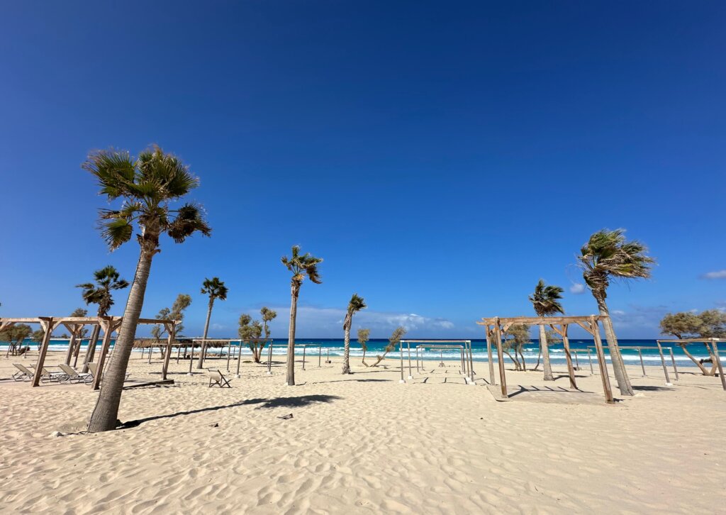 Pusta, jasna plaża z leżakami i turkusową wodą przy Aqua Heneish Beach Resort w Marsa Matruh