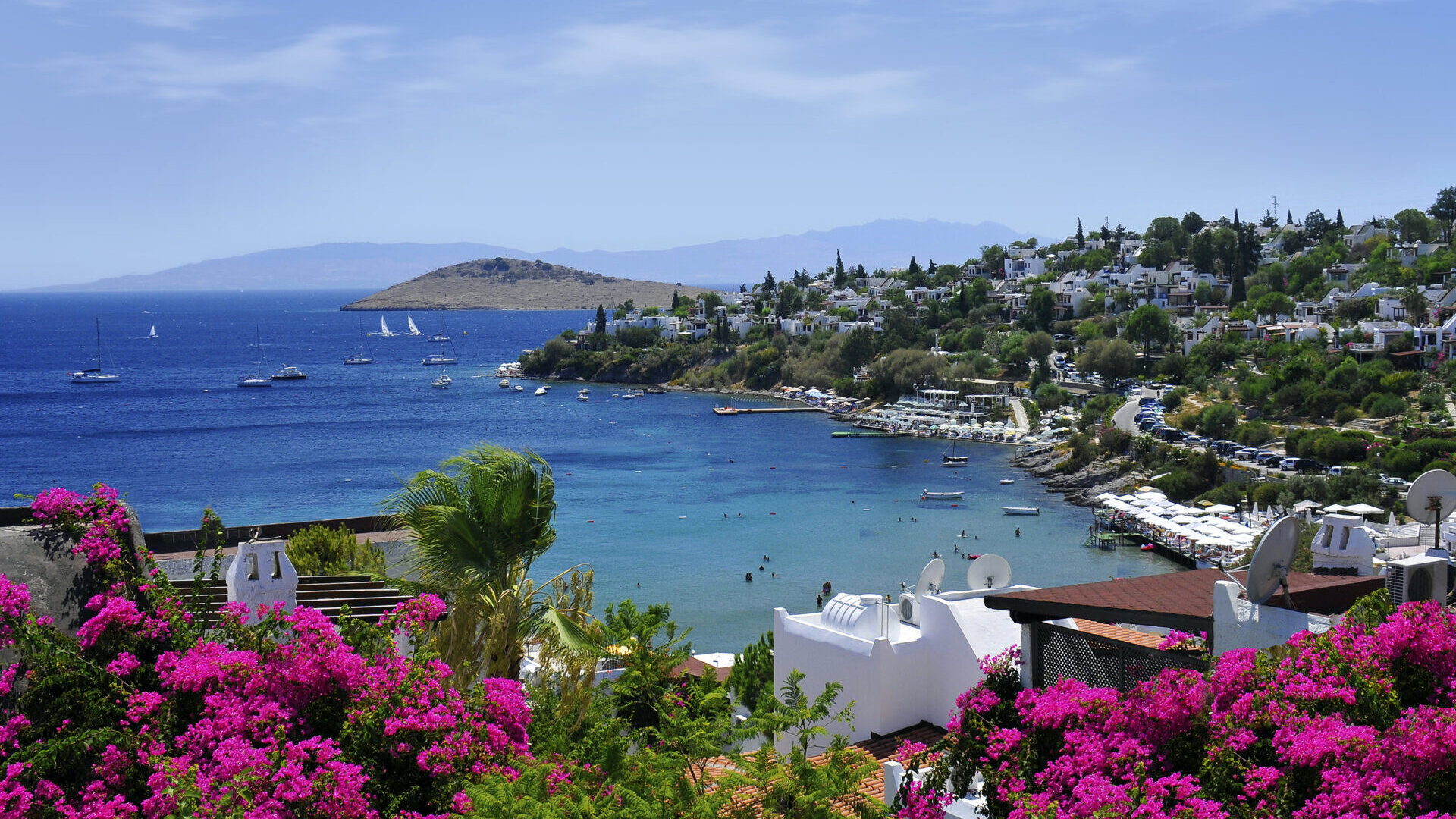 Widok na nadmorską zatokę Bodrum: po prawej malownicze białe domy na wzgórzu, poniżej plaża z parasolami i molo, na wodzie żaglówki, a na pierwszym planie różowe bugenwille.