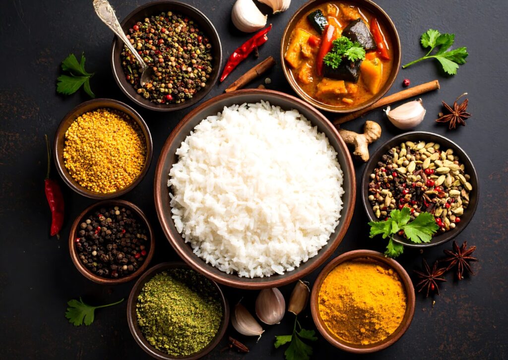 Ryż basmati otoczony przyprawami typowymi dla kuchni Indii – kardamon, kurkuma, chili i kolendra