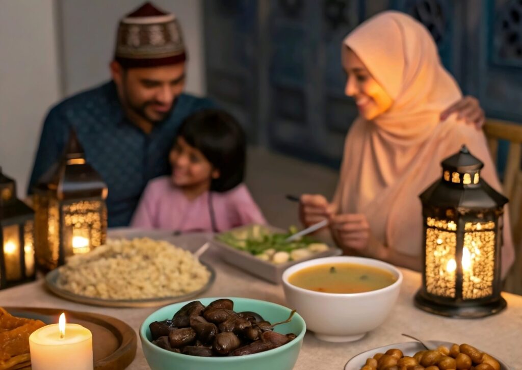 Rodzina spożywa wspólny posiłek iftar przy stole oświetlonym lampionami podczas ramadanu
