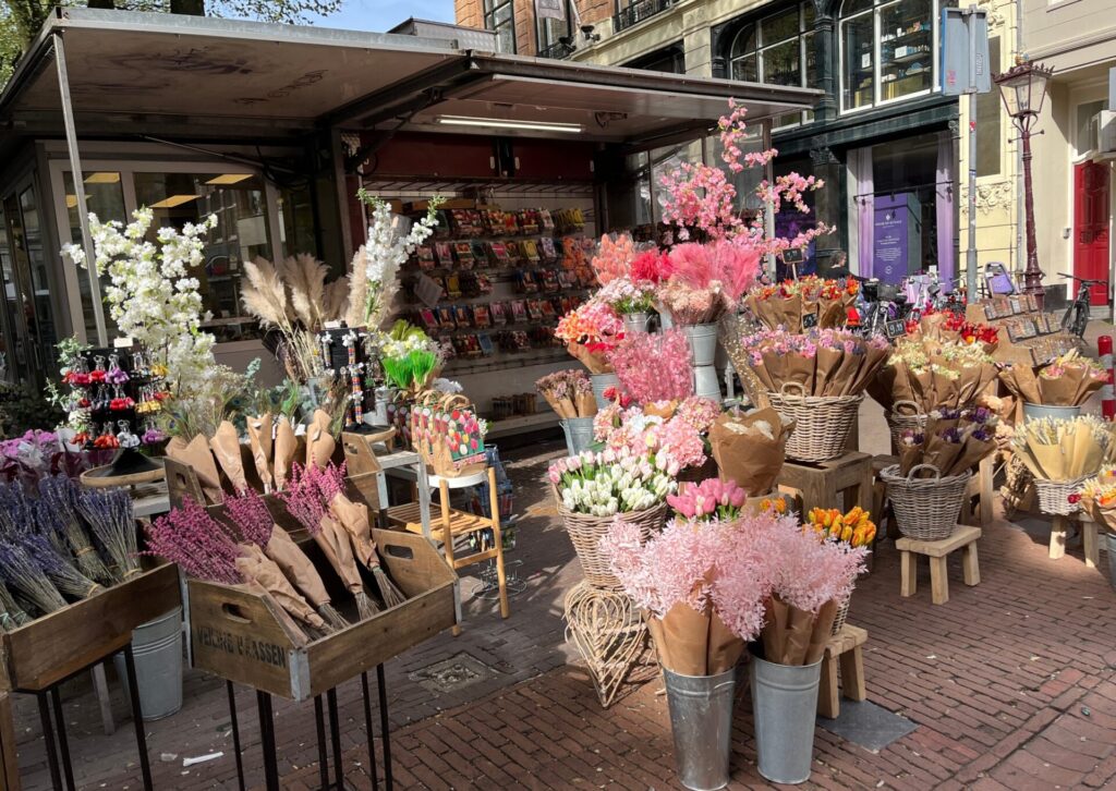 Kolorowe stoiska z kwiatami na słynnym targu Bloemenmarkt w Amsterdamie